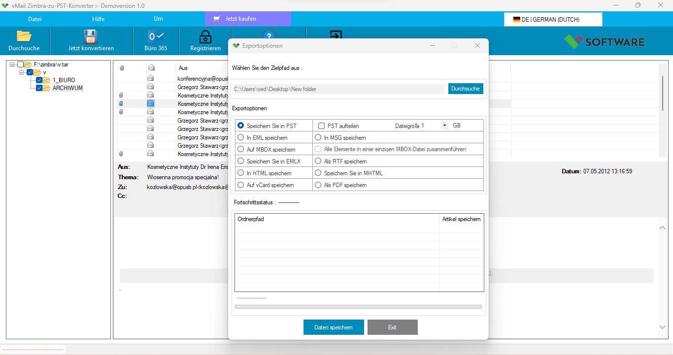 vMail Zimbra to PST Converter konvertiert Zimbra-Mail in das Outlook-PST-Format